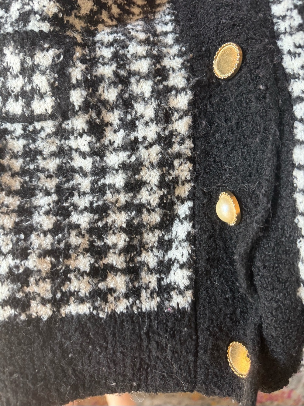 Mango Black and White Houndstooth Knit Cardigan with Gold Buttons